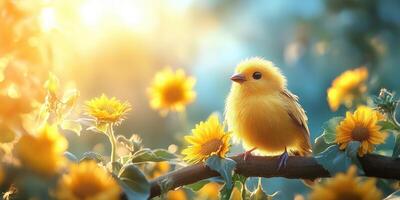 Cute yellow bird perched on a branch among sunflowers in a sunlit garden during springtime photo