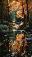 Autumn afternoon by the tranquil stream surrounded by vibrant orange and golden foliage in a peaceful forest setting photo
