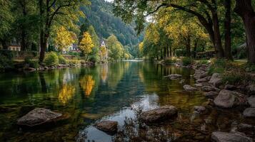 Tranquil river landscape with vibrant autumn foliage and reflective waters in a serene rural setting photo