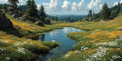 Scenic view of a tranquil meadow with vibrant wildflowers and a serene stream under a blue sky dotted with clouds photo