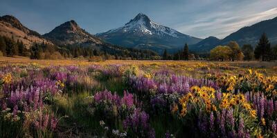Majestic mountain landscape adorned with wildflowers during golden hour in Oregon's Cascade Range photo