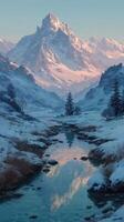 Snowy mountain landscape with a serene river reflecting the peaks at dawn in a tranquil valley photo