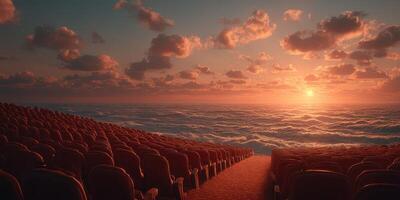 Majestic sunset over an ocean of clouds viewed from empty theater seats at twilight photo