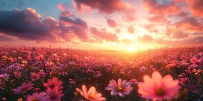 Vibrant flowers bloom under a spectacular sunset in a vast field during the early evening hours photo