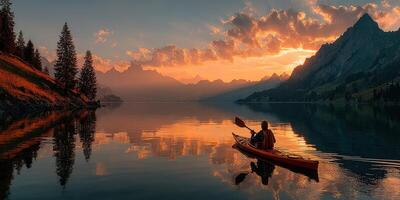 Kayaker enjoys a serene sunset on a calm lake surrounded by mountains and trees photo
