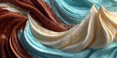 Swirls of chocolate, vanilla, and blue ice cream create an enticing dessert display in a summer treat setting photo