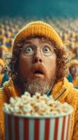 Excitement fills the cinema as a man in a yellow sweater reacts to a thrilling movie moment photo