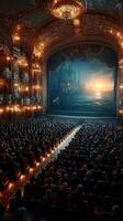 Spectators enjoying a captivating performance in an ornate theater during sunset, with a stunning backdrop photo
