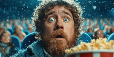 Audience captivated during a movie screening with dramatic popcorn moment at a cinema photo