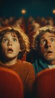 Family enjoys a thrilling moment at the theater, captivated by a suspenseful movie on screen photo