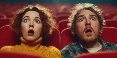 Surprised couple reacts to suspenseful moment in a cinema during late night screening photo