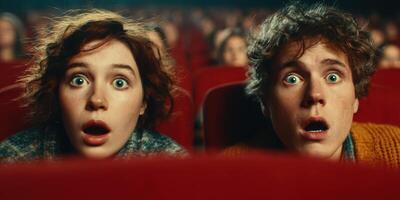 Excitement fills the air as two friends experience a thrilling moment in a movie theater photo