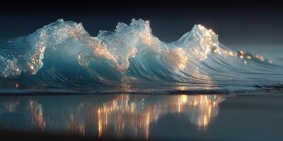 Waves crashing against the shore at sunset creating a mesmerizing display of light and water photo