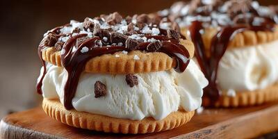 Delicious ice cream sandwich with chocolate drizzle and cookie crumbs on wooden serving board photo