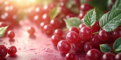 Fresh red currants displayed on a wooden surface with sunlight creating a warm atmosphere in a kitchen setting photo
