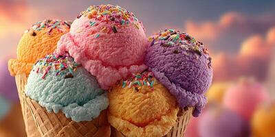 Colorful ice cream cones stacked together at a vibrant sunset background photo