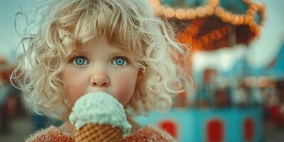 Young child enjoys ice cream at a carnival under colorful lights in the evening photo