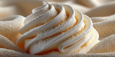 Delicious soft-serve ice cream swirl on textured fabric backdrop with creamy texture photo