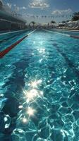 Sparkling water reflects sunlight at an outdoor swimming pool under a clear blue sky in the afternoon photo