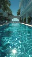 Tranquil resort pool reflects azure skies and palm trees on a sunny afternoon photo