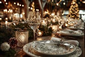 Elegant dinner setting adorned with candles and festive decorations during a winter celebration photo
