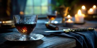 Warm ambiance of a cozy evening with candlelight, a glass of a dark drink, and soft shadows on the table photo