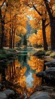 Beautiful autumn landscape with golden leaves reflecting on a serene river in a peaceful forest photo