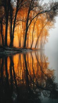 Autumn fog in the forest by the river creates stunning reflections of vibrant orange trees photo