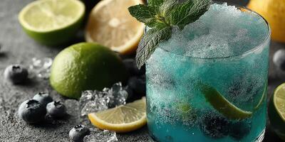 Refreshing blue cocktail made with fresh fruits and mint at a summer gathering photo