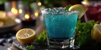 Bright blue cocktail served with lemon and garnished with mint at a vibrant gathering during a summer evening photo