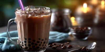 Delicious iced beverage with tapioca pearls served in a glass mug with a purple straw on a wooden table photo