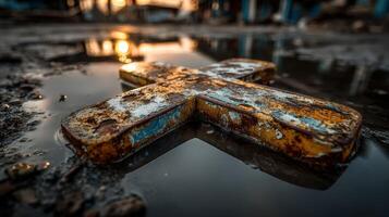 Weathered cross lying in a puddle reflecting sunset light on deserted street photo