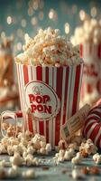 Delicious popcorn served in a striped bucket ready for movie night at home with friends and family photo