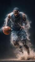 Basketball player dribbles down the court in an intense moment during a training session in a dimly lit gym photo