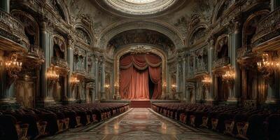 Elegant vintage theater interior with ornate decorations and rich red drapery in a historic building photo