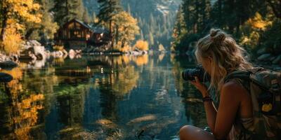 Photographer capturing autumn reflections in serene lake with rustic cabin in background during golden hour photo