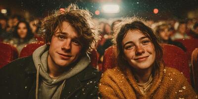 Young couple enjoys a film in a cozy theater with a lively audience during an evening screening photo