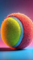 Brightly colored tennis ball with fuzzy texture against a vibrant gradient background showcasing playful hues photo