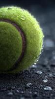 Close up of a damp tennis ball with water droplets on dark surface highlighting texture and vibrant color after rain photo