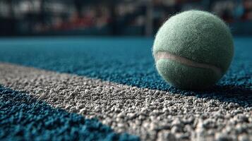 Tennis ball resting on the court surface during an indoor match with vibrant blue and gray colors photo