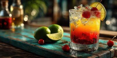 Colorful cocktail with ice and cherries on a rustic table in a vibrant bar atmosphere during the evening photo