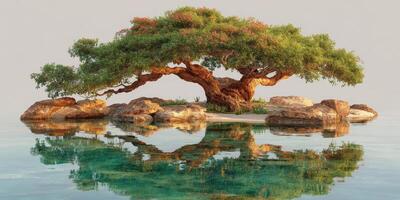 Majestic tree on a serene island surrounded by calm water reflects tranquility at sunset photo