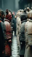 Terracotta warriors stand in formation during a misty morning at the archaeological site in China highlighting ancient craftsmanship and history photo