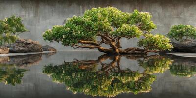 Serene reflection of a bonsai tree next to rocks and tropical plants in a tranquil setting photo