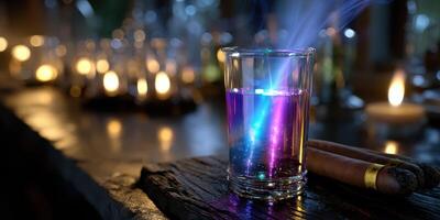 Colorful potion glows mysteriously in darkened room filled with candlelight photo