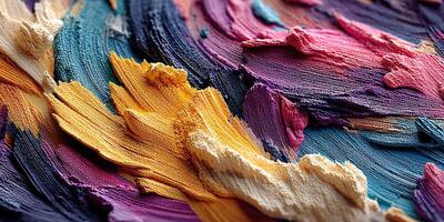 Colorful abstract painting with vibrant textures created using thick paint layers in an artist's studio photo