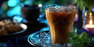 Iced coffee served in a clear glass with ice and fresh mint in a cozy cafe setting at night photo
