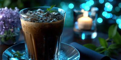 Delicious iced coffee drink served in a glass with mint leaves on a table with blue background lights photo