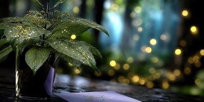 Beautiful green plant with water droplets and a note in a serene forest setting with soft glowing lights at dusk photo