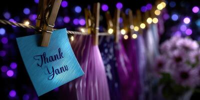 Colorful decorations and heartfelt gratitude displayed on a string with twinkling lights in a festive setting photo